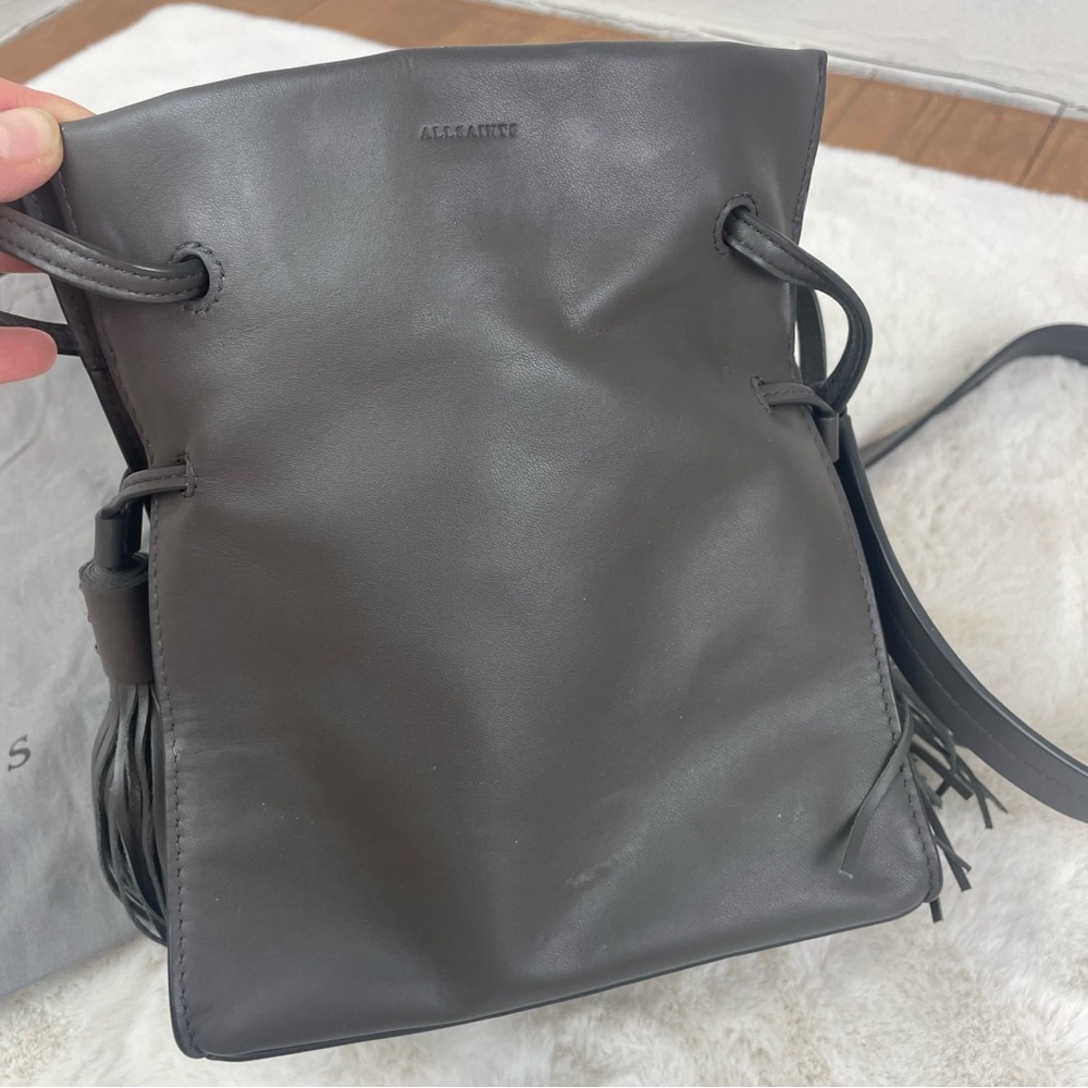 All Saints Chocolate Brown Leather Drawstring Crossbody
